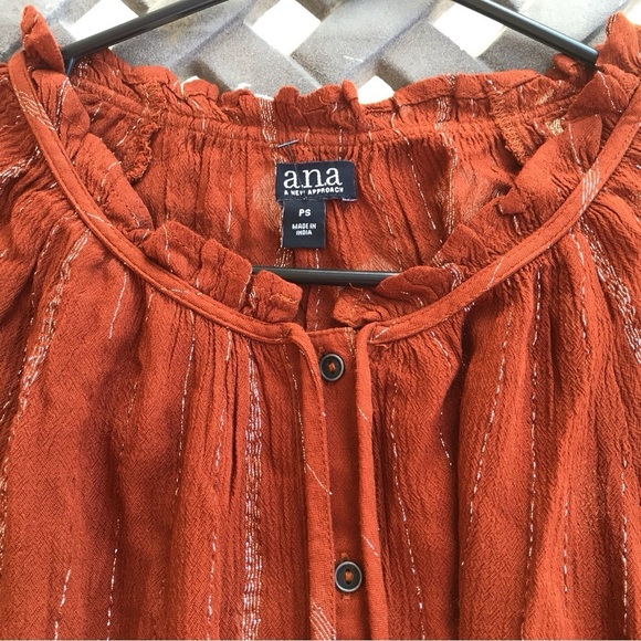 A.N.A. Blouse Pretty Boho Long Sleeve Buttondown Gather Neck Long Sleeves Cuffs - Picture 2 of 9